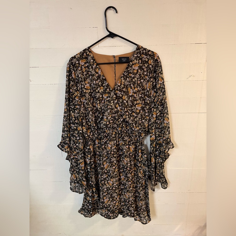 Vici Black Floral Long Sleeve Wrap Dress with Mustard Accents